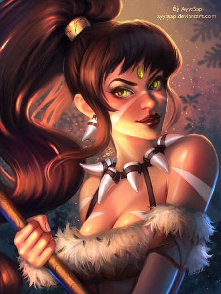 Anime picture 1536x2048 with league of legends nidalee (league of legends) ayyasap single long hair tall image looking at viewer brown hair bare shoulders green eyes ponytail lips realistic girl weapon earrings necklace spear