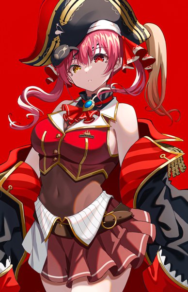 Anime picture 2508x3877 with virtual youtuber hololive houshou marine houshou marine (1st costume) pension z single long hair tall image fringe highres simple background hair between eyes twintails looking away red hair pleated skirt off shoulder midriff heterochromia covered navel
