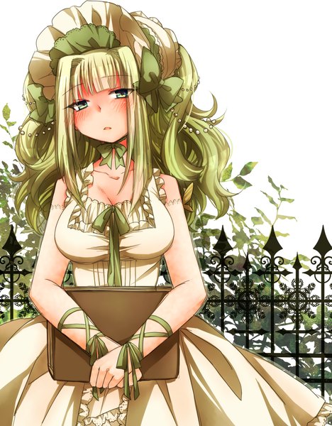 Anime picture 1000x1283 with umineko no naku koro ni claire bernardus azuki (lizzy) long hair tall image blush green eyes green hair girl dress book (books) bonnet fence