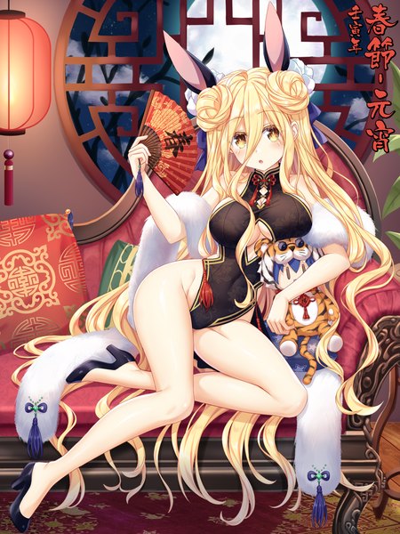Anime picture 1200x1600 with date a live hoshimiya mukuro tsubasaki single tall image fringe breasts light erotic blonde hair hair between eyes large breasts animal ears yellow eyes very long hair parted lips bunny ears legs covered navel cleavage cutout reclining