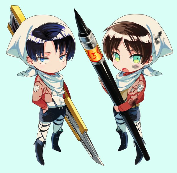 Anime picture 1000x974 with shingeki no kyojin production i.g eren yaeger levi (rivaille) amanen_t looking at viewer short hair open mouth blue eyes black hair simple background brown hair standing green eyes open clothes open jacket multiple boys hieroglyph blue background chibi