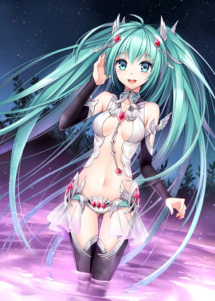 Anime picture 715x1000 with vocaloid hatsune miku nardack single long hair tall image looking at viewer blush fringe short hair breasts light erotic smile standing twintails bare shoulders aqua eyes aqua hair bare belly happy