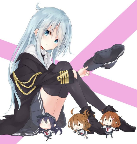 Anime picture 1023x1080 with kantai collection hibiki destroyer akatsuki destroyer inazuma destroyer ikazuchi destroyer azuuru long hair tall image looking at viewer fringe short hair blue eyes black hair smile brown hair sitting multiple girls looking away silver hair ahoge