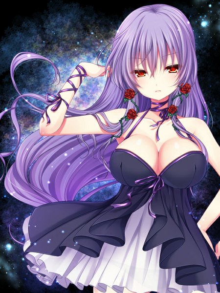 Anime picture 600x800 with original asazuki kanai single long hair tall image looking at viewer blush fringe breasts light erotic red eyes large breasts standing bare shoulders cleavage purple hair upper body ahoge hair flower wind