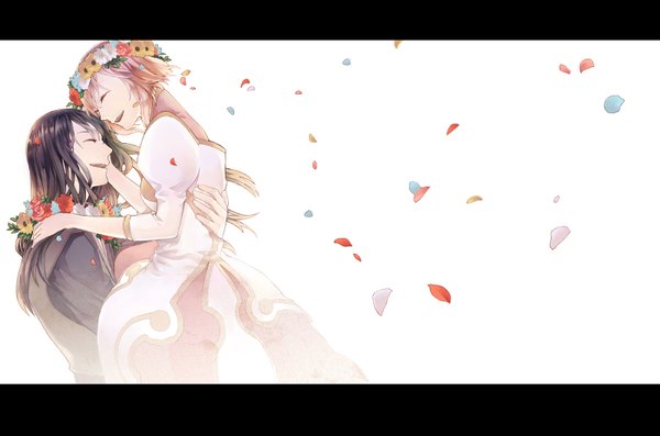Anime picture 1600x1061 with tales of (series) tales of vesperia yuri lowell estellise sidos heurassein sarai short hair black hair smile white background eyes closed profile orange hair couple hug happy letterboxed girl dress boy petals