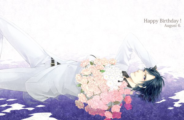 Anime picture 1526x1000 with uta no prince-sama a-1 pictures ichinose tokiya noes single looking at viewer short hair blue eyes white background blue hair lying on back hand on head happy birthday boy flower (flowers) rose (roses) bouquet pink rose