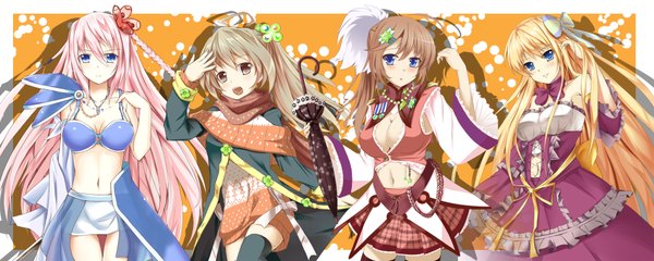 Anime picture 2000x800 with kyaro (kyaro54) long hair looking at viewer highres open mouth blue eyes blonde hair brown hair wide image standing bare shoulders multiple girls brown eyes pink hair cleavage ponytail bare belly closed umbrella girl dress