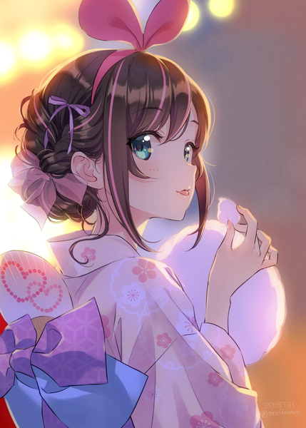 Anime picture 777x1087 with virtual youtuber a.i. channel kizuna ai morikura en single tall image looking at viewer blush fringe short hair hair between eyes brown hair standing holding signed payot upper body traditional clothes japanese clothes looking back