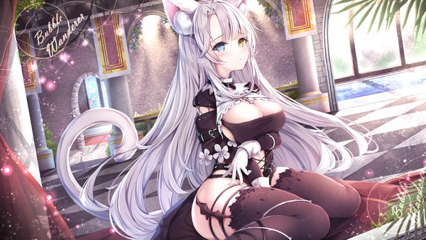 Anime picture 1920x1080 with original manman manyou haiyang de paomo single long hair looking at viewer blush fringe highres breasts open mouth blue eyes light erotic wide image large breasts sitting animal ears yellow eyes cleavage silver hair indoors
