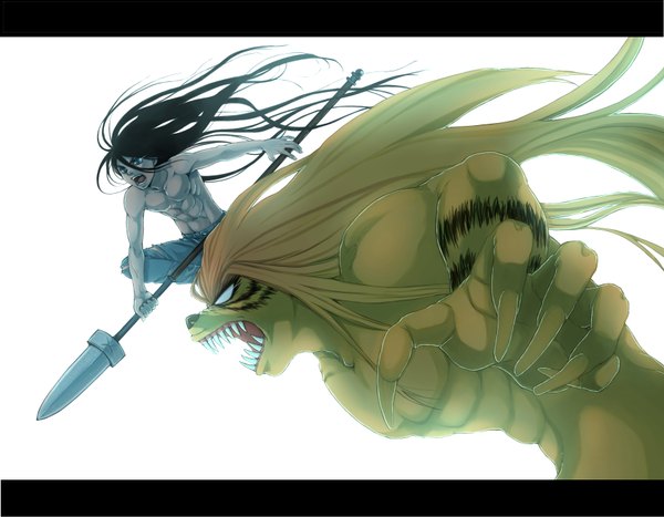 Anime picture 1748x1362 with ushio to tora tora (ushio to tora) aotsuki ushio saitou nekoichi fringe highres open mouth blue eyes black hair simple background hair between eyes white background very long hair profile fang (fangs) torn clothes letterboxed topless muscle boy