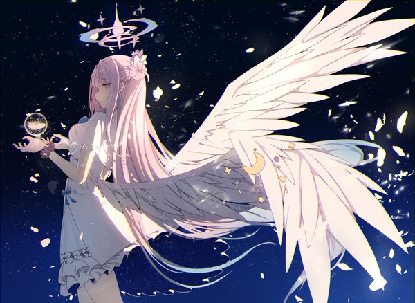 Anime picture 3700x2700 with blue archive mika (blue archive) re:rin single long hair highres yellow eyes looking away pink hair absurdres profile hair bun (hair buns) white wings girl dress wings white dress halo moon (symbol) sphere