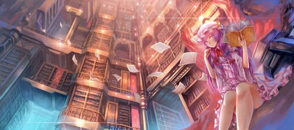 Anime picture 3900x1732 with touhou patchouli knowledge madcocoon single long hair highres blue eyes wide image sitting purple hair indoors girl dress bow hair bow book (books) bonnet paper shelf bookshelf