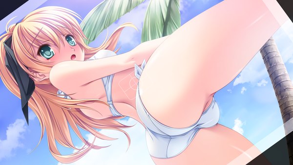 Anime picture 1280x720 with dolphin divers cher erna senomoto hisashi long hair blush open mouth blue eyes light erotic blonde hair wide image game cg ponytail looking back girl swimsuit bikini