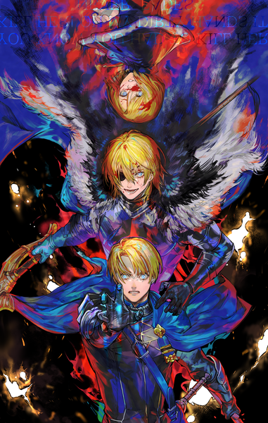 Anime picture 3024x4768 with fire emblem fire emblem: three houses nintendo dimitri alexandre blaiddyd irorigumi tall image looking at viewer fringe highres short hair open mouth blue eyes smile hair between eyes holding absurdres parted lips multiple boys grin outstretched hand