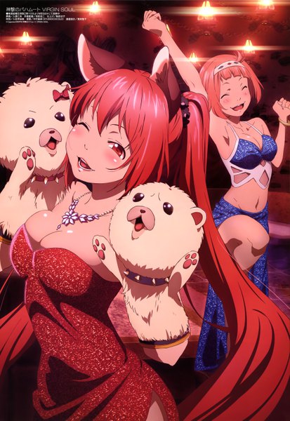 Anime picture 4086x5931 with shingeki no bahamut megami magazine cerberus (shingeki no bahamut) nina dragnot irisato nio long hair tall image blush highres short hair breasts open mouth light erotic smile red eyes twintails multiple girls animal ears absurdres red hair