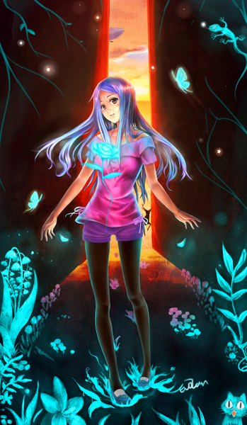 Anime picture 800x1372 with original evolan (artist) single long hair tall image looking at viewer brown eyes sky purple hair short sleeves legwear under shorts girl flower (flowers) animal petals pantyhose shoes shorts rose (roses) insect