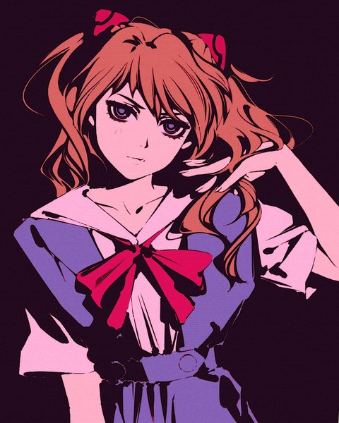 Anime picture 864x1080 with neon genesis evangelion gainax soryu asuka langley moshimoshibe single long hair tall image looking at viewer fringe simple background standing purple eyes upper body head tilt arm up orange hair two side up black background portrait serious
