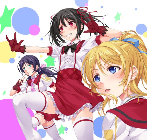 Anime picture 1325x1271 with love live! school idol project sunrise (studio) love live! yazawa nico toujou nozomi ayase eli mukunokino isshiki long hair blush open mouth blue eyes black hair blonde hair smile red eyes twintails multiple girls purple hair ponytail low twintails