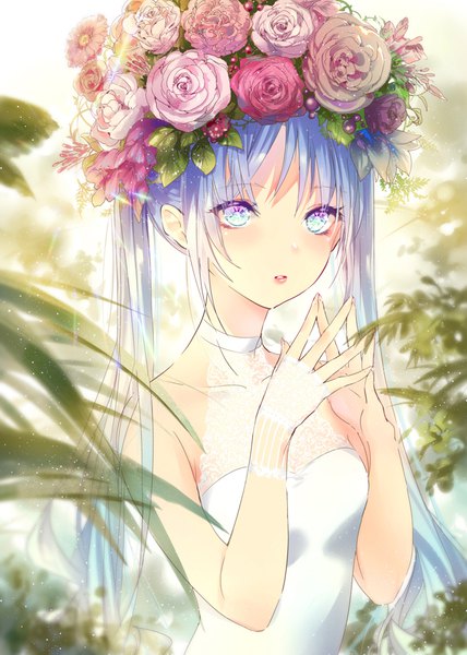 Anime picture 739x1035 with original kinokohime single long hair tall image looking at viewer blush fringe standing twintails bare shoulders blue hair parted lips hair flower aqua eyes fingernails blurry sleeveless backlighting fingers together