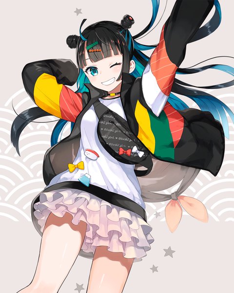 Anime picture 990x1238 with original atta (kurisawachan) single long hair tall image looking at viewer black hair smile ahoge one eye closed multicolored hair arm up aqua eyes wink open jacket two-tone hair hair bun (hair buns) grin colored inner hair frilly skirt