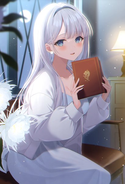 Anime picture 2381x3483 with original myusha single long hair tall image looking at viewer blush fringe highres breasts blue eyes smile large breasts sitting holding cleavage white hair indoors blunt bangs long sleeves