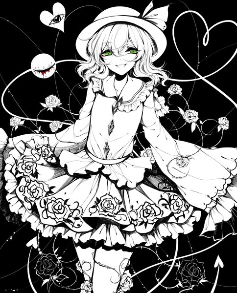 Anime picture 2200x2730 with touhou komeiji koishi sheya single long hair tall image looking at viewer fringe highres smile hair between eyes green eyes long sleeves wide sleeves grin floral print black background sleeves past wrists monochrome spot color