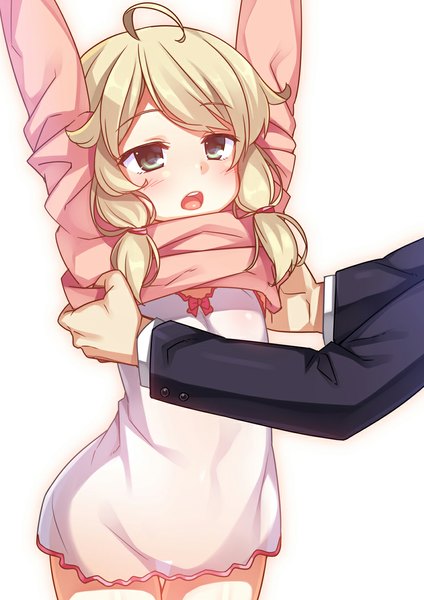 Anime picture 827x1169 with idolmaster idolmaster cinderella girls yusa kozue racer (magnet) tall image blush open mouth light erotic blonde hair standing white background twintails green eyes looking away loli undressing girl sweater