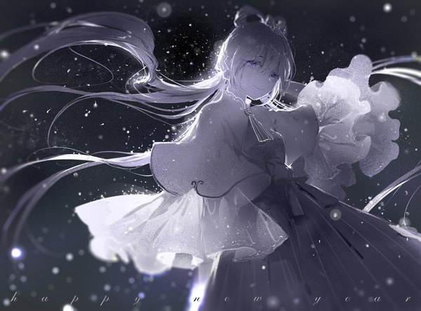 Anime picture 2362x1750 with vocaloid vocaloid china luo tianyi moss (2225028) single fringe highres blue eyes smile very long hair wide sleeves lens flare monochrome girl dress bow hair bow