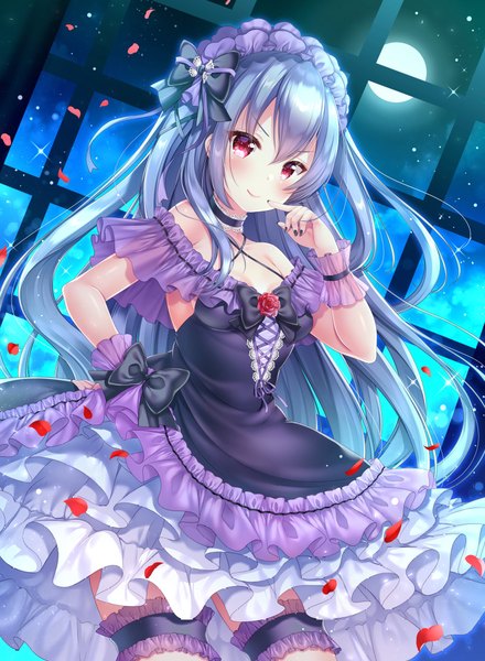 Anime picture 1504x2048 with aoba project aoba rena sakura moyon single long hair tall image looking at viewer blush fringe smile hair between eyes red eyes standing bare shoulders payot blue hair nail polish fingernails night hand on hip