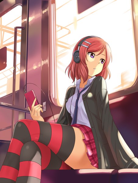 Anime picture 900x1189 with love live! school idol project sunrise (studio) love live! nishikino maki ru yue kong single tall image short hair sitting purple eyes looking away red hair pleated skirt sunlight arm support open collar girl thighhighs skirt miniskirt