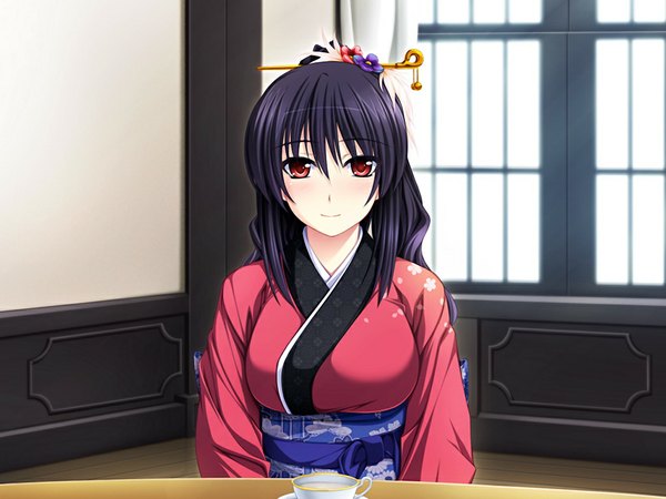 Anime picture 1024x768 with duelist x engage kakyouin tsubaki long hair black hair red eyes game cg japanese clothes girl belt kimono