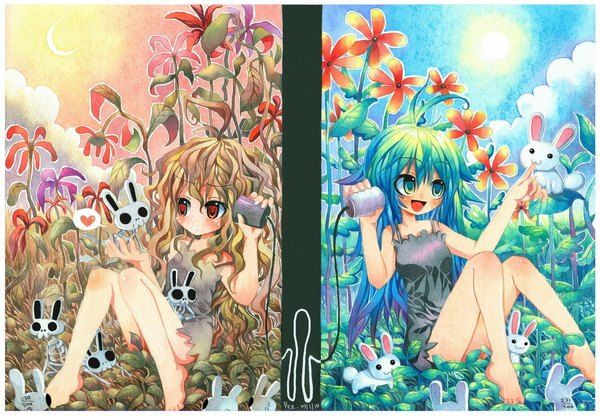 Anime picture 1073x745 with original emperpep long hair blush open mouth blonde hair red eyes multiple girls green eyes blue hair cloud (clouds) ahoge barefoot skeleton curly hair girl flower (flowers) 2 girls animal heart