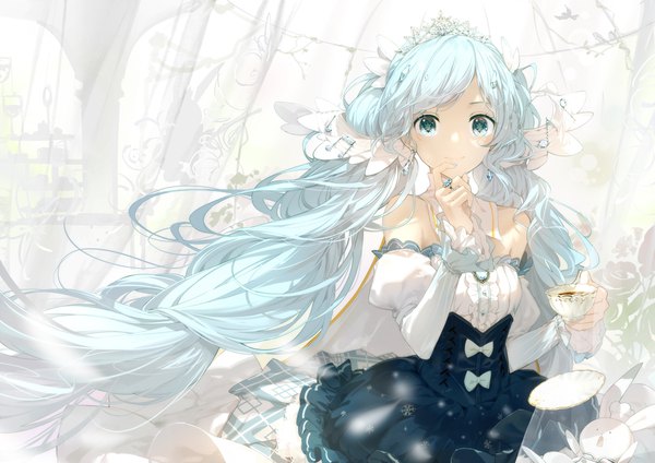 イラスト 1000x707 と ボーカロイド 初音ミク 雪ミク ラビット・ユキネ 雪ミク2019 lf ソロ カメラ目線 ツインテール 肩出し upper body very long hair aqua eyes aqua hair symbol-shaped pupils 女の子 髪飾り 袖だけ 動物 リング