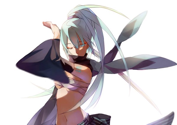Anime picture 1512x1069 with vocaloid hatsune miku momozi (mkingnight) single long hair looking at viewer blush light erotic simple background white background bare shoulders ponytail one eye closed aqua eyes wink aqua hair bare belly girl navel weapon
