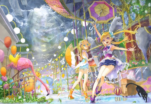 Anime picture 4214x2894 with original fuumi (radial engine) long hair highres open mouth blue eyes blonde hair twintails multiple girls absurdres sky pink eyes sunlight spread arms girl flower (flowers) 2 girls animal bird (birds) umbrella