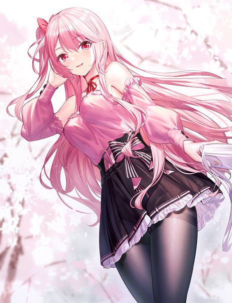 Anime picture 900x1173 with original emily stock ririko (zhuoyandesailaer) single long hair tall image looking at viewer blush fringe breasts open mouth smile hair between eyes standing signed payot pink hair braid (braids) long sleeves pink eyes