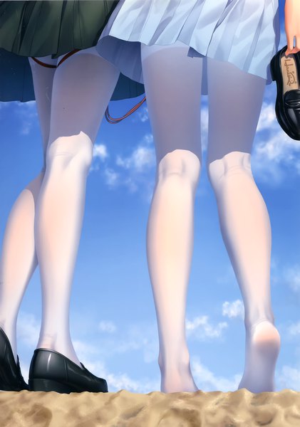 Anime picture 4604x6558 with original tokinohimitsu tall image highres breasts light erotic standing multiple girls holding signed absurdres sky cloud (clouds) pleated skirt scan legs head out of frame shoes removed kneepits girl