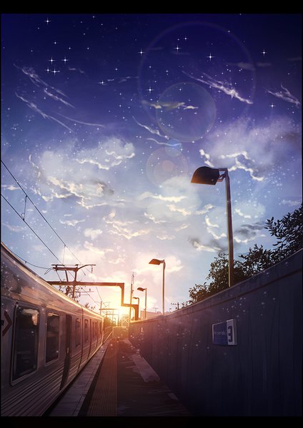 Anime picture 620x877 with original byakuya reki tall image sky cloud (clouds) letterboxed no people morning sunrise train lamppost