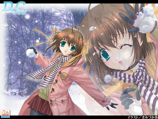 Anime picture 1024x768 with da capo asakura nemu kimizuka aoi short hair brown hair ahoge aqua eyes copyright name winter multiview bell collar soft beauty girl ribbon (ribbons) hair ribbon choker scarf bell coat striped scarf