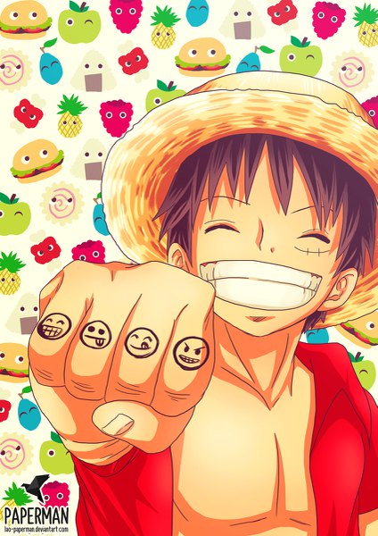 Anime picture 849x1200 with one piece toei animation monkey d. luffy lao-paperman single tall image fringe short hair black hair simple background smile signed upper body eyes closed open jacket grin outstretched arm scar clenched teeth boy