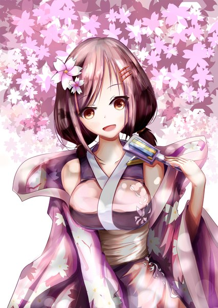 Anime picture 1240x1748 with hanayamata madhouse sekiya naru x2 single long hair tall image looking at viewer blush breasts open mouth large breasts twintails bare shoulders brown eyes pink hair traditional clothes japanese clothes hair flower sunlight