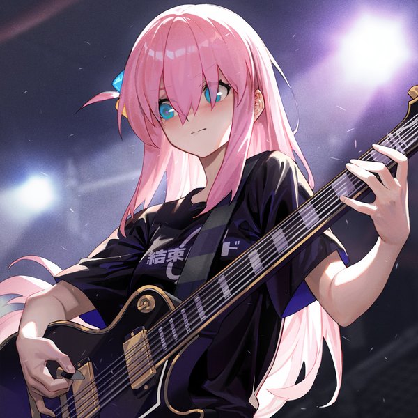 Anime picture 2000x2000 with bocchi the rock! cloverworks gotou hitori haje single long hair fringe highres blue eyes hair between eyes looking away pink hair from below one side up playing instrument girl t-shirt musical instrument guitar electric guitar