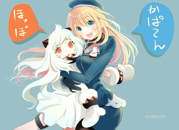 Anime picture 2200x1600 with kantai collection atago heavy cruiser northern ocean hime tebi (tbd11) long hair looking at viewer blush fringe highres open mouth blue eyes simple background blonde hair multiple girls signed ahoge white hair horn (horns) teeth orange eyes