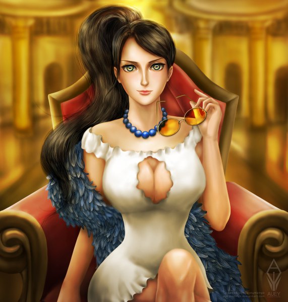 Anime picture 4724x4961 with one piece one piece film: gold toei animation nico robin auey supaluk single long hair tall image looking at viewer fringe highres breasts light erotic black hair large breasts sitting bare shoulders holding green eyes signed