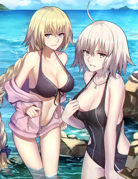 Anime picture 975x1265 with fate (series) fate/grand order fate/apocrypha jeanne d'arc (fate) (all) jeanne d'arc alter (fate) jeanne d'arc (fate) shiguru long hair tall image blush fringe short hair breasts open mouth light erotic blonde hair smile hair between eyes large breasts purple eyes