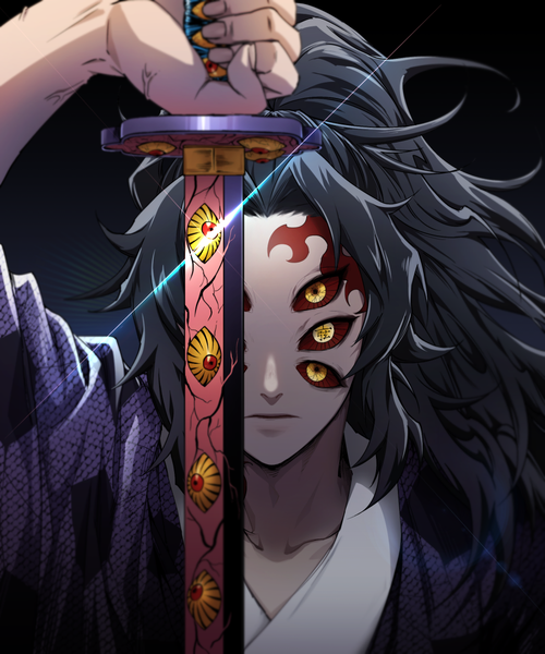 Anime picture 900x1080 with kimetsu no yaiba ufotable kokushibou gwio single long hair tall image looking at viewer black hair payot upper body ponytail traditional clothes japanese clothes sparkle eyes eyes in odd places boy weapon sword