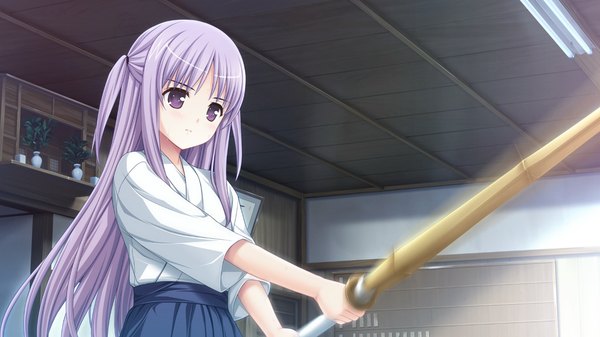 Anime picture 1280x720 with hatsukoi sacrament yazaki hoshimi single long hair wide image purple eyes game cg purple hair kendo girl shinai