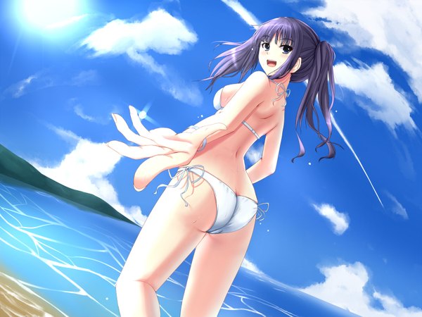 Anime picture 1600x1200 with original alexmaster single long hair open mouth blue eyes light erotic twintails purple hair cloud (clouds) looking back outstretched arm back summer girl swimsuit bikini water white bikini