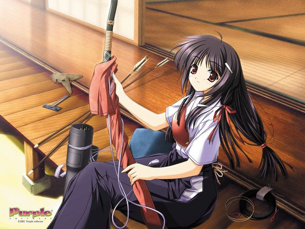Anime picture 1600x1200 with natsuiro komachi purple software ariga mikoto tsukimori hiro single long hair looking at viewer blush black hair smile red eyes sitting traditional clothes japanese clothes archery girl hair ornament weapon hairclip armor