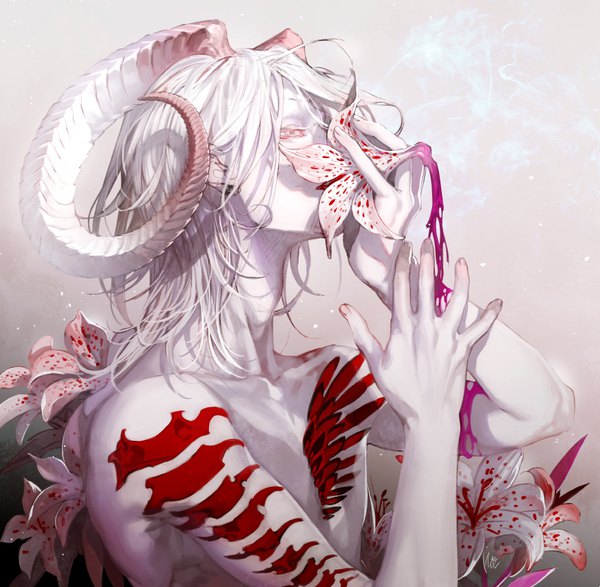 Anime picture 850x832 with original oollnoxlloo single long hair white hair profile horn (horns) fingernails grey eyes tattoo pale skin boy flower (flowers) lily (flower)